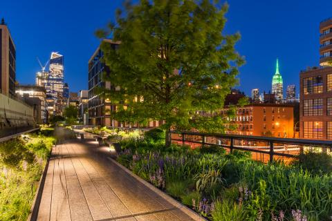 High Line at night with skyline in background
